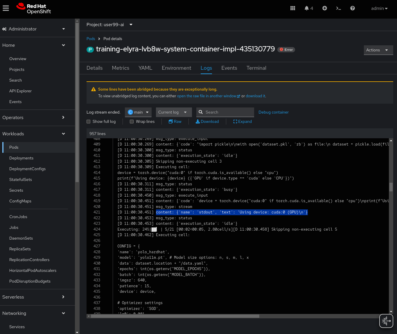 ai build pipeline elyra gpu logs