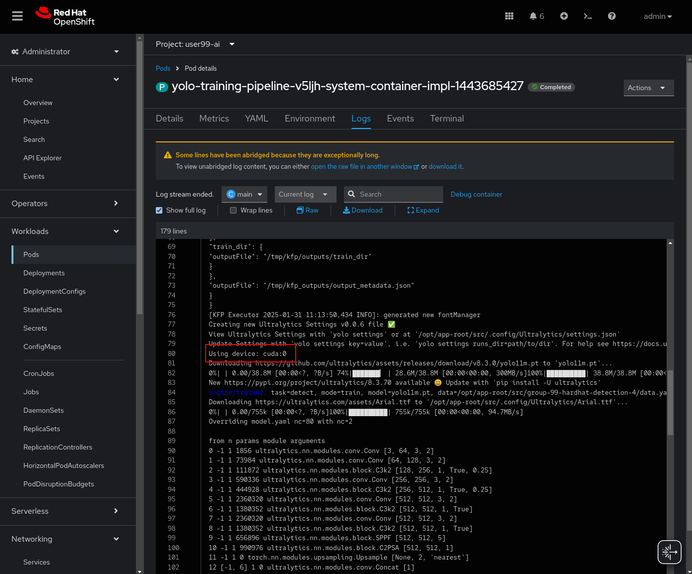 ai train pipeline run gpu logs